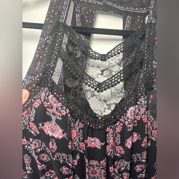 Free‎ People Bohemian Moroccan Black Printed Lace Yoke Maxi Dress Size 2 - Picture 7 of 12
